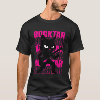 Schwarze Katze Rockstar - Lustiger Katzen-Gitarris T-Shirt