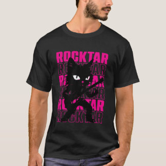 Schwarze Katze Rockstar - Lustiger Katzen-Gitarris T-Shirt