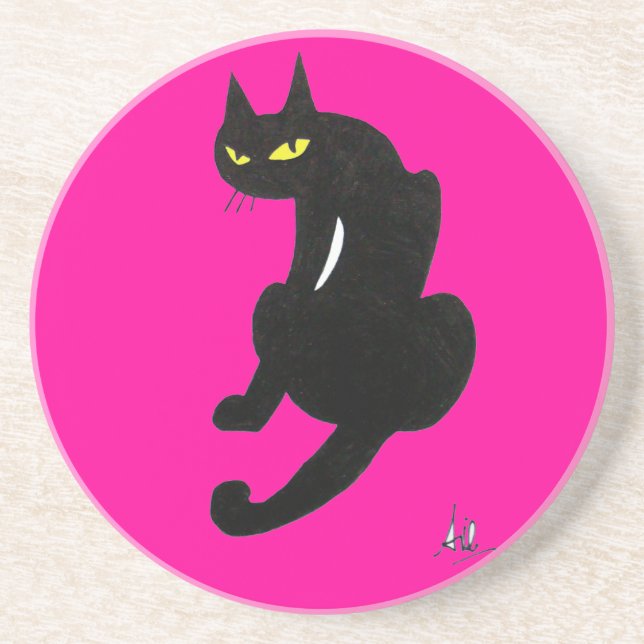 SCHWARZE KATZE, rosa Fuchsie Getränkeuntersetzer (Vorne)