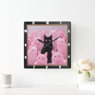 Schwarze Katze Rosa Katzen Quadratische Wanduhr