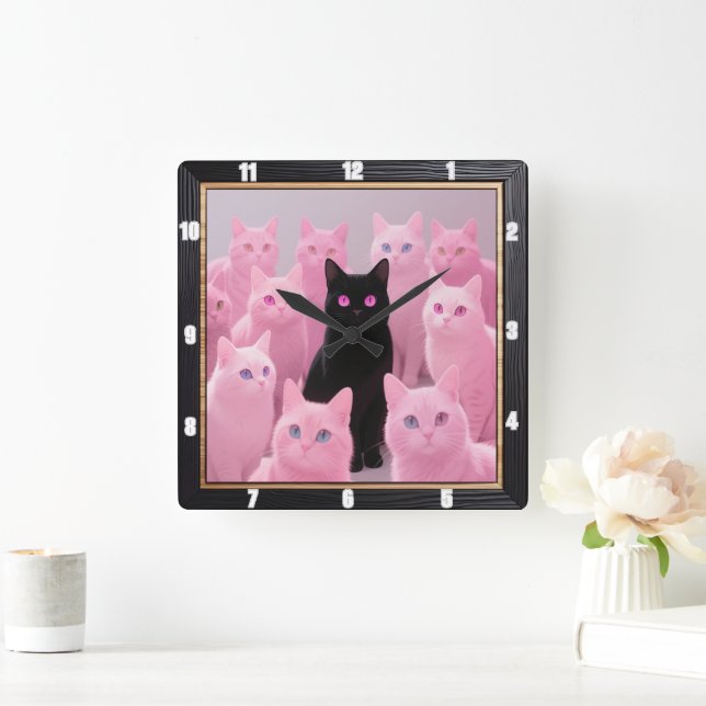 Schwarze Katze Rosa Katzen Quadratische Wanduhr (Zuhause)