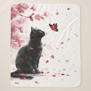 Schwarze Katze - rosa Kirschblüten mit Schmetterli Sherpadecke