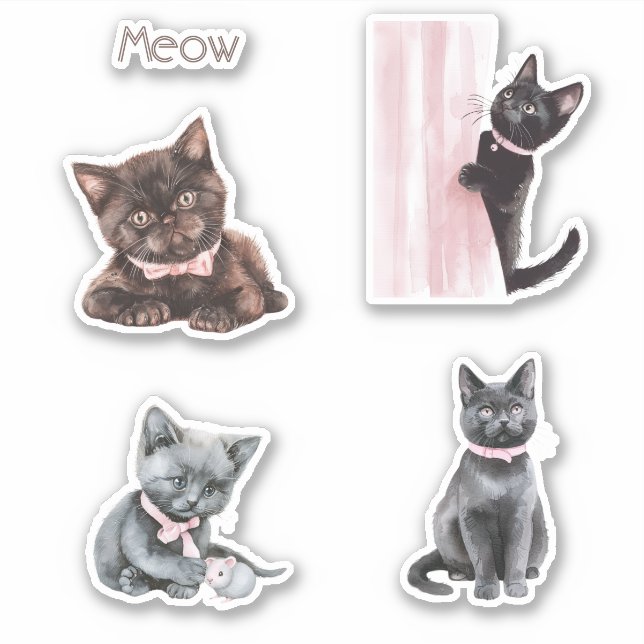 Schwarze Katze Rosa Schleife Aufkleber (Vorderseite)