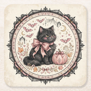 Schwarze Katze Rosa Schleife Halloween Gothic Kürb Rechteckiger Pappuntersetzer