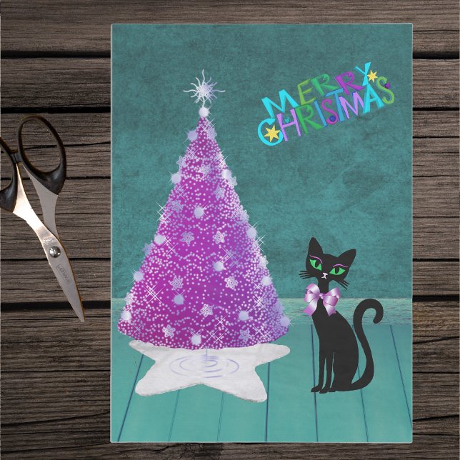 Schwarze Katze Rosa Silberbaum Farbenfrohe Weihnac Seidenpapier (Pink silver tree pretty black cat with bow on Merry Christmas teal coloured tissue paper.)
