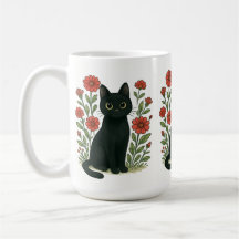 Schwarze Katze & Rote Blumen Tasse