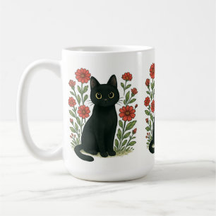 Schwarze Katze & Rote Blumen Tasse