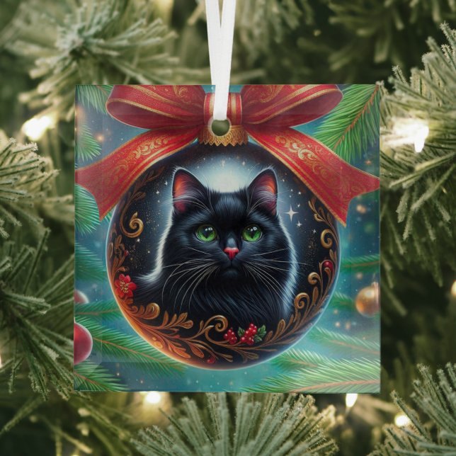 Schwarze Katze Rundglas-Ornament Ornament Aus Glas (Insitu)