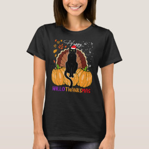 Schwarze Katze Santa Hut Glückliches Hallothanksma T-Shirt