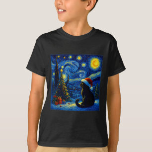 Schwarze Katze Santa Hut Van Gogh Sternennacht Wei T-Shirt