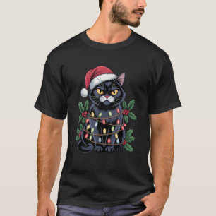 Schwarze Katze Santa Hut Weihnachtsbaum Lichter Lu T-Shirt