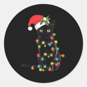 Schwarze Katze Santa in Lights aufgetaucht Runder Aufkleber