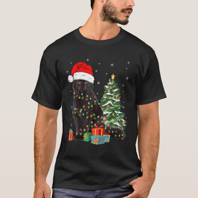 Schwarze Katze Santa in Weihnachten Lichter Xma zu T-Shirt (Vorderseite)