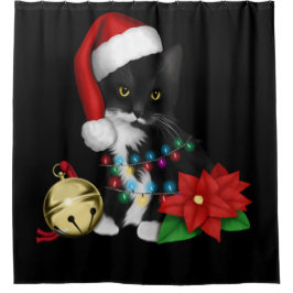 Schwarze Katze Santa in Weihnachtsbeleuchtung aufg Duschvorhang