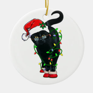 Schwarze Katze Santa in Weihnachtsbeleuchtung aufg Keramik Ornament