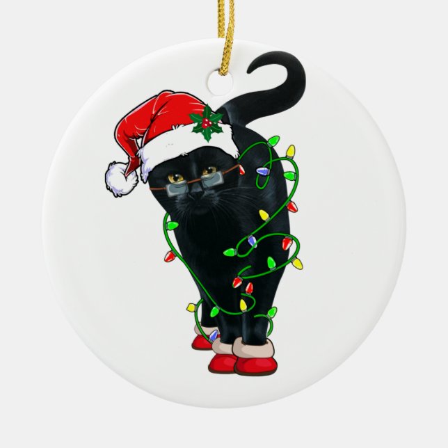 Schwarze Katze Santa in Weihnachtsbeleuchtung aufg Keramik Ornament (Vorne)