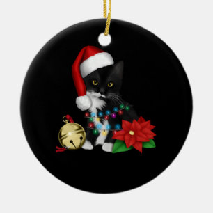 Schwarze Katze Santa in Weihnachtsbeleuchtung aufg Keramik Ornament