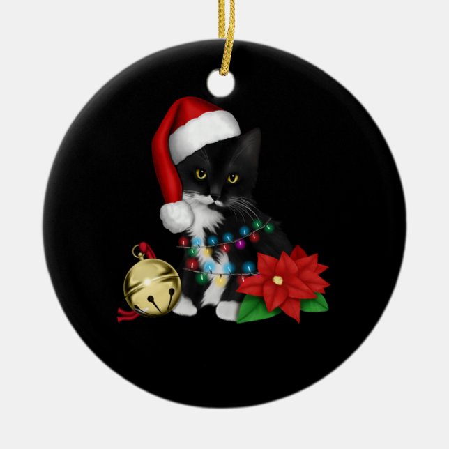 Schwarze Katze Santa in Weihnachtsbeleuchtung aufg Keramik Ornament (Vorne)