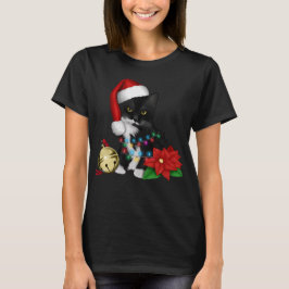 Schwarze Katze Santa in Weihnachtsbeleuchtung aufg T-Shirt