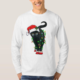 Schwarze Katze Santa in Weihnachtsbeleuchtung aufg T-Shirt