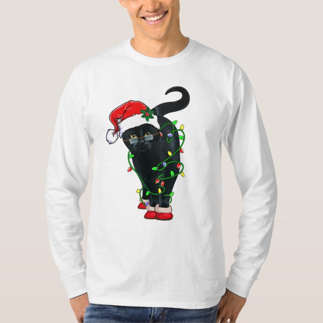 Schwarze Katze Santa in Weihnachtsbeleuchtung aufg T-Shirt (Vorderseite)