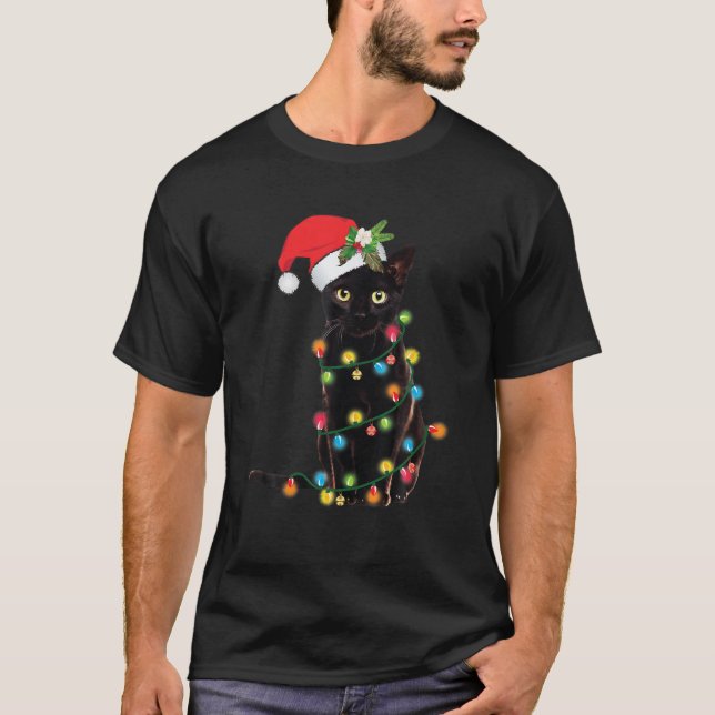 Schwarze Katze Santa in Weihnachtsbeleuchtung aufg T-Shirt (Vorderseite)