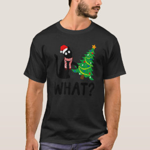 Schwarze Katze Santa schiebt Weihnachtsbaum über K T-Shirt