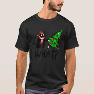 Schwarze Katze schiebt Weihnachtsbaum Katze Weihn T-Shirt