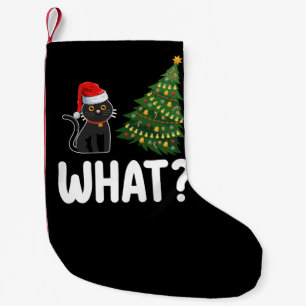 Schwarze Katze schiebt Weihnachtsbaum lustig Kleiner Weihnachtsstrumpf