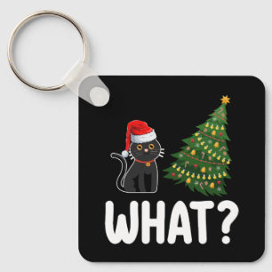 Schwarze Katze schiebt Weihnachtsbaum lustig Schlüsselanhänger