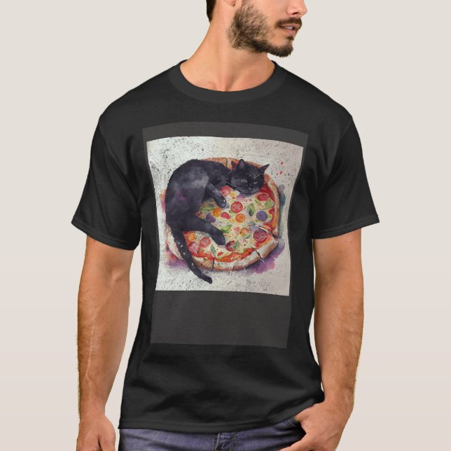 Schwarze Katze Schlaf Pizza T-Shirt (Vorderseite)