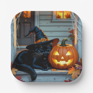 Schwarze Katze schläft auf Kürbis Halloween Pappteller