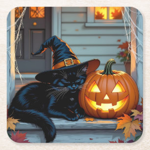 Schwarze Katze schläft auf Kürbis Halloween Rechteckiger Pappuntersetzer