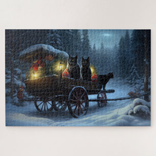 Schwarze Katze Schneebedeckter Schlitten Weihnacht Puzzle