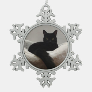 Schwarze Katze Schneeflocken Zinn-Ornament
