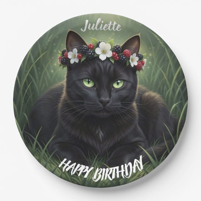 Schwarze Katze / Schwarze Brombeer-Blütenkrone Per Pappteller (Vorderseite)