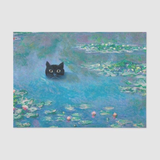 Schwarze Katze Schwimmen im Wasser Lilien Dekoupag Seidenpapier (Vorderseite)
