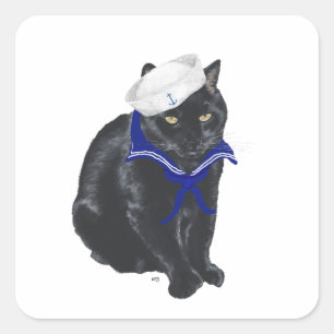 Schwarze Katze Seemann Quadratischer Aufkleber
