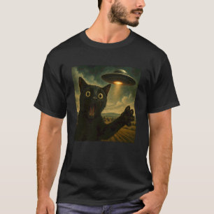 Schwarze Katze Selfie mit Alien UFO Lustige Katze T-Shirt