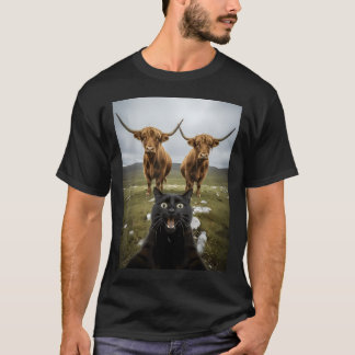 Schwarze Katze Selfie mit Kühen Lustige Tierliebha T-Shirt