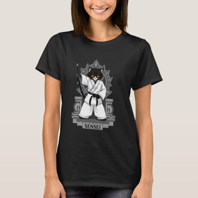 Schwarze Katze Sensei T-Shirt (Vorderseite)