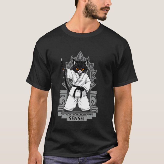 Schwarze Katze Sensei T-Shirt (Vorderseite)
