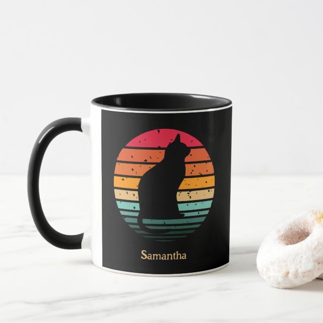 Schwarze Katze Silhouette auf Regenbogen Tasse (Mit Donut)
