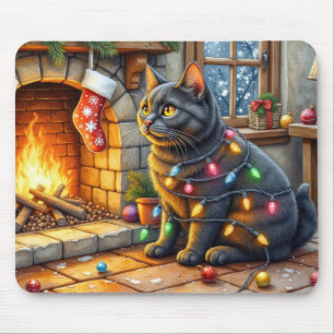 Schwarze Katze sitzt am Kamin mit Weihnachtslichte Mousepad