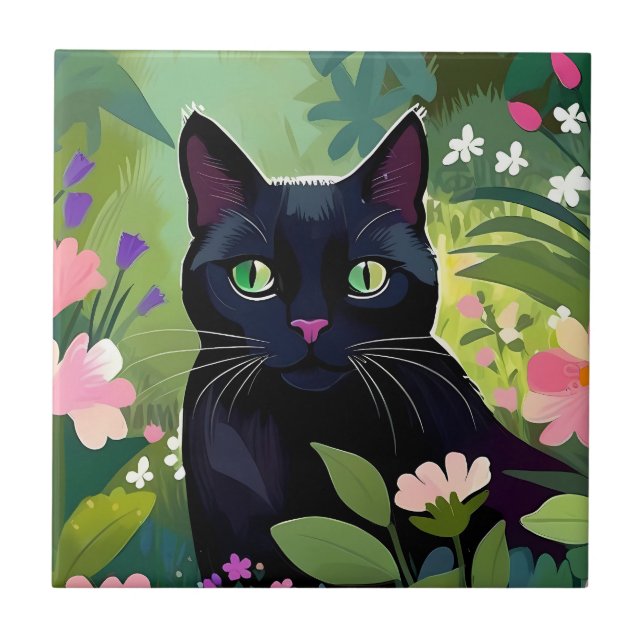 Schwarze Katze sitzt auf einem Feld von Blume Fliese (Vorderseite)