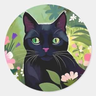 Schwarze Katze sitzt auf einem Feld von Blume Runder Aufkleber
