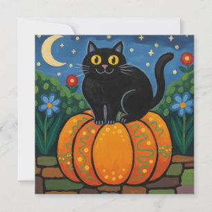 Schwarze Katze sitzt auf einem Herbstkürbis Feiertagskarte