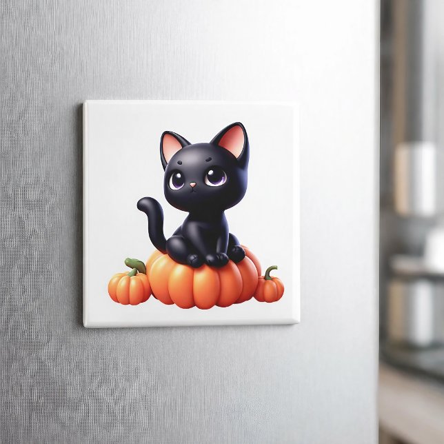 Schwarze Katze sitzt auf einem Kürbis Magnet (Von Creator hochgeladen)