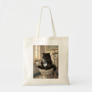 Schwarze Katze sitzt auf Toilette und benutzt Smar Tragetasche
