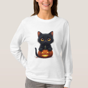 Schwarze Katze sitzt in einem Kürbis T-Shirt